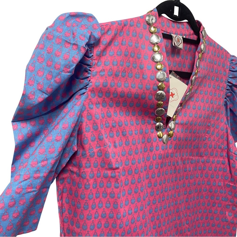 SOLD: Sheridan French Pink and Blue Women's Blouse with Gold and Silver Buttons